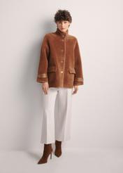 Women's woolen fur coat in camel color FUTDW-0032-24(Z25) - front view of the product on a model on a white background. The entire silhouette is visible.