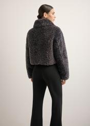 Women's gray short fur coat FUTDP-0082-9D(Z26), back view of the product on the model. Half of the silhouette visible.