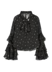 Black women's blouse with lilac pattern BLUDT-0212-9P(Z26), product view from the front on a white background.