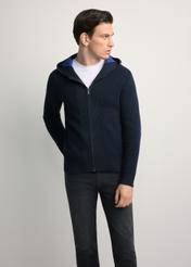 Men's navy blue hooded sweater SWEMT-0182-68(Z25), front product view on model. Half of the silhouette visible.