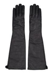 Long leather black women's croco gloves REKDS-0088-9G(Z26), front product view on white background.