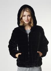 Women's artificial black fur coat with hood FUTDP-0006-99(Z21)-02