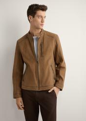 Men's dark beige suede jacket KURMS-0398-1C(W26) - front product view, modeled, against a light background. Knee-length silhouette visible.