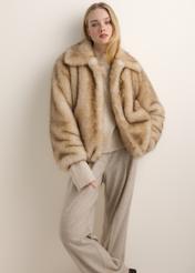 Beige short women's fur coat FUTDP-0091-1B(Z26), front view of the product on the model. Half of the silhouette visible.