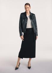 Black women's leather jacket KURDS-0548-2874(Z25), front product view on the model, full silhouette visible.
