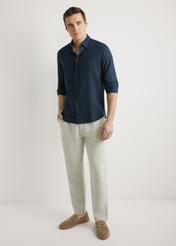 Men's navy linen shirt KOSMT-0362-7E(W26) - front view of the product, on a model, against a light background. Full silhouette visible.