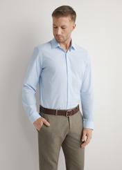 Light blue men's striped shirt KOSMT-0357-7A(W26), front view of the product on the model. Half of the silhouette visible.