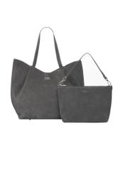 Women's suede graphite shopper bag TORES-1358-9D(Z26), front product view with cosmetic bag on white background.