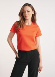 Orange cotton women's T-shirt TSHDT-0144-30(Z25) - front view of the product on a model on a white background. Half of the silhouette visible.