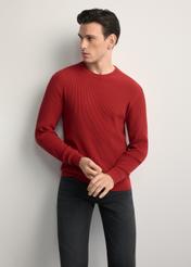 Red ribbed men's sweater SWEMT-0191-4B(W26) - front product view, modeled, against a light background. Knee-length silhouette visible.
