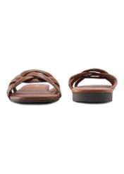 Camel leather women's slides with braid BUTYD-1222-1D(W26), front and back product view on white background.