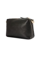 Black leather handbag with decorative weave TORES-1243-9P(W26), diagonal product view on white background.