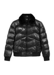 Black men's leather jacket with insulation KURMS-0377-1127(Z25), product view from the front on a white background.
