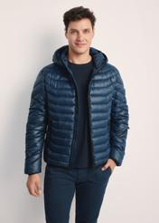 Men's jacket in navy blue KURMT-0380-69(Z25), product visible from the front on the model, half of the silhouette visible.