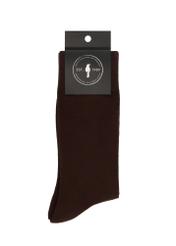 Brown men's long socks SKAMT-0203-1I(W26), product view with packaging on white background.