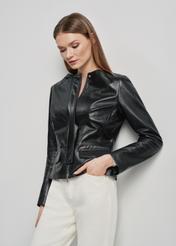 Black leather waisted jacket for women KURDS-0483-5491(W24)-01