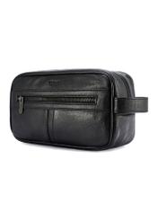 Black leather men's cosmetic bag TORMS-0490-99(W26), diagonal product view on white background.