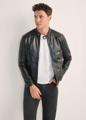 Men's leather jacket with stand-up collar KURMS-0191A-5491(KS), front view of the product on the model, half of the silhouette visible.