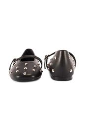 Women's black leather ballet flats with rhinestones BUTYD-1235-99(W26), front and back product view on white background.