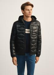 Black men's quilted jacket KURMT-0400-99(Z25), front view of the unbuttoned product on the model. Half of the silhouette visible.