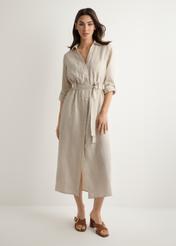Beige linen midi dress SUKDT-0282-1A(W26), front view of the product on the model. Full silhouette visible.