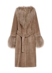 Beige wool coat with fur FUTDW-0014A-1A(Z26) - front product view, on white background.