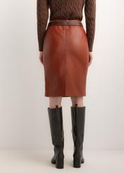 Red leather women's skirt SPCDS-0031-3D(Z26), back view of the product on the model. Half of the silhouette visible.