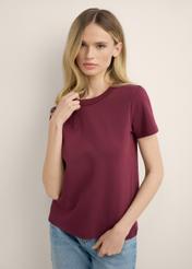 Women's Burgundy Cotton T-shirt TSHDT-0144-4D(Z26), front view of the product on the model. Half of the silhouette visible.