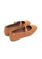 Cognac suede ballet flats with belt BUTYD-1145-1F(Z26), back view of the product on a light background.