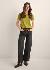 Women's olive cotton T-shirt TSHDT-0144-8E(Z26), front view of the product on the model. Full body visible.