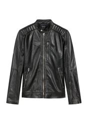 Men's leather jacket with stand-up collar KURMS-0191A-5491(KS), front view of the jacket on a white background.