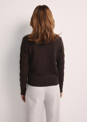 Chocolate women's sweater with decorative weave SWEDT-0210-90(Z25), product view from the back on the model. Half of the silhouette visible.