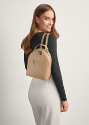 Small beige women's backpack TOREC-1128-1D(W26), front view of the product on a model, half of the silhouette visible.