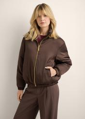 Dark brown reversible women's jacket KURDT-0693-1I(Z26) - front view of the product, on a model, against a light background. Half-length silhouette visible.