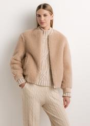 Beige short women's wool fur coat FUTDW-0045-1B(Z26), front view of the product on the model. Half of the silhouette visible.