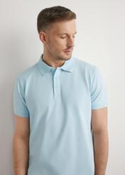 Men's light blue polo shirt POLMT-0089-7A(W26), front view of the product on the model. Half of the silhouette visible.