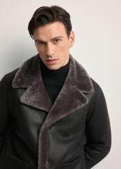 Men's brown leather sheepskin coat KOZMS-0027-4314(Z25), close-up of the product from the front on the model.