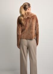 Women's camel-colored leather sheepskin coat KOZDS-0095-3099(Z25), back view of the product on the model. Half of the silhouette visible.