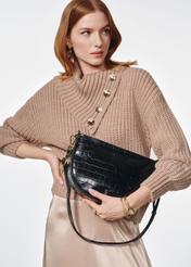 Leather medium women's croco handbag TORES-1022E-99(Z25), product view on the model. Half of the silhouette visible.