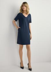 Navy blue cotton dress SUKDT-0185A-7E(W26), front view of the product on the model. Full body visible.