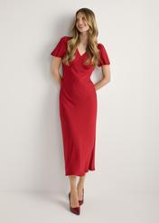 Red long women's dress SUKDT-0262-4B(W26), product view from the front on the model, the whole silhouette is visible.