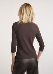 Brown women's V-neck blouse LSLDT-0036-1I(W26) product view from the back on the model. Half of the silhouette visible.