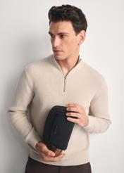Men's Black and Brown Cosmetic Bag TORMN-0379-98(Z25)- Front view of the product on a model against a white background. Half of the silhouette visible.