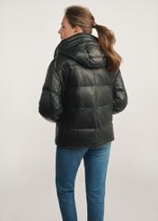 Women's black insulated leather jacket KURDS-0561-5344(Z25) - back view of the product on a model against a white background. Knee-length silhouette visible.