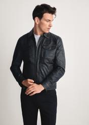 Black men's vintage leather jacket KURMS-0381-2870(Z25), product view from the front on the model, half silhouette visible.-02