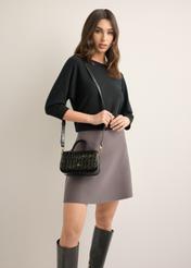 Small croco women's messenger bag TORES-1327-9G(Z26), view of the product on the model's shoulder, on a light background.