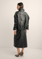 Black oversized leather jacket KURDS-0623-99(Z26), back view of the product on the model. Full body visible.
