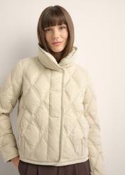 Beige women's transitional jacket KURDT-0664-1A(Z26), front view of the product on the model. Half of the silhouette visible.-02