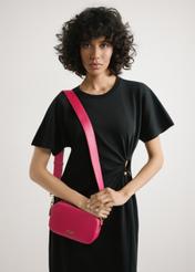 Fuchsia small women's handbag TOREC-1172-5E(W26), product view on model's shoulder. Half of silhouette visible.