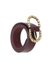 Brown leather belt with decorative buckle PASDS-0354-1H(Z26), diagonal product view on white background.